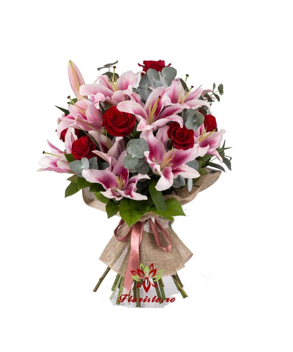 Buchet Crini roz si Trandafiri Rosii