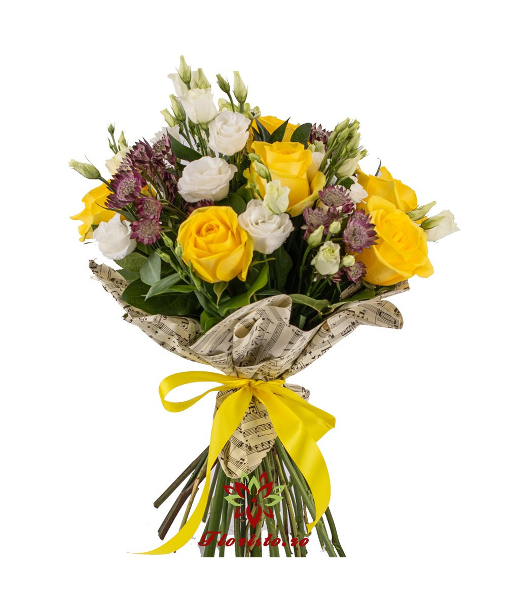 Buchet Trandafiri Galbeni si Lisianthus alb
