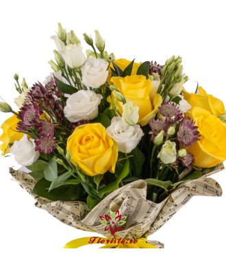 Buchet Trandafiri Galbeni si Lisianthus alb