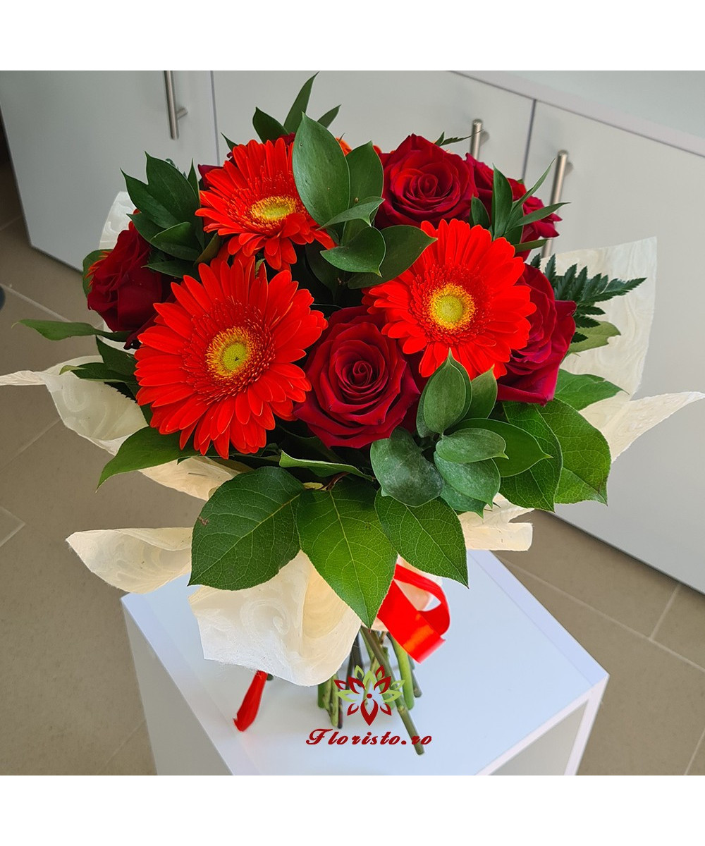 Buchet Gerbera si Trandafiri rosii