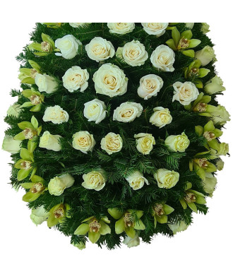 Coroana funerara Trandafiri albi si Orhidee