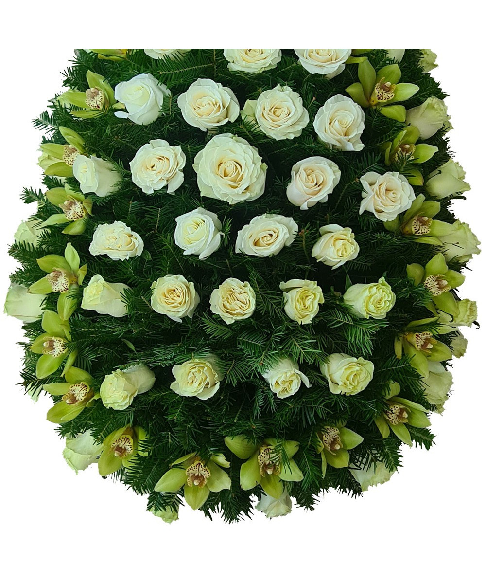 Coroana funerara Trandafiri albi si Orhidee