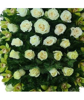 Coroana funerara Trandafiri albi si Orhidee