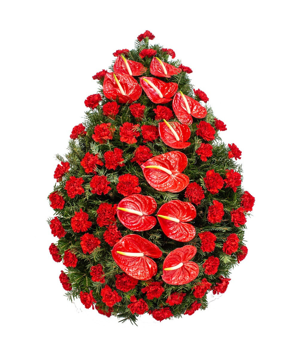 Coroana funerara Garoafe rosii si Anthurium rosu