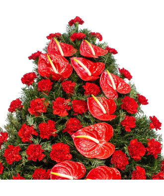 Coroana funerara Garoafe rosii si Anthurium rosu