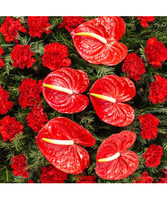 Coroana funerara Garoafe rosii si Anthurium rosu