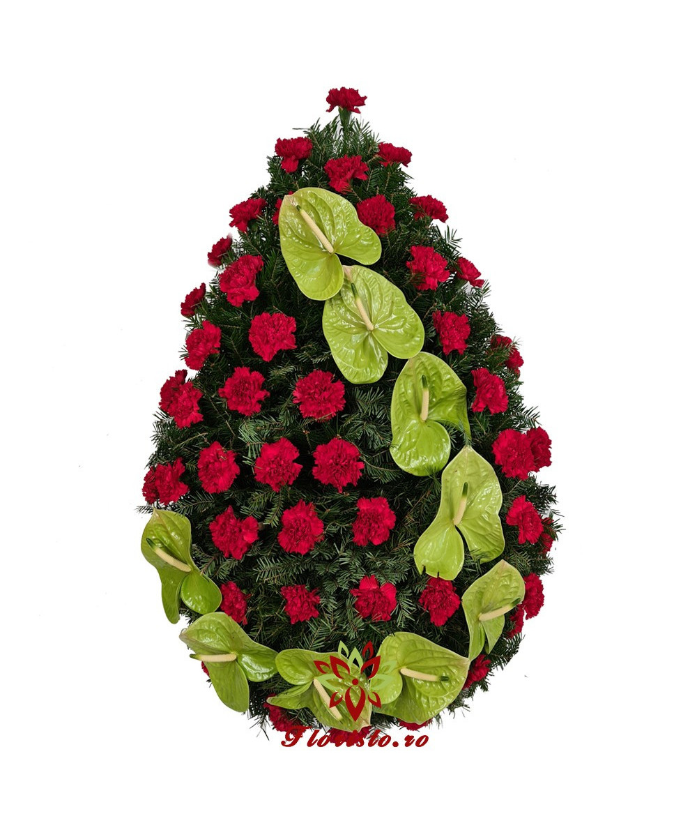Coroana funerara garoafe rosii si model Anthurium
