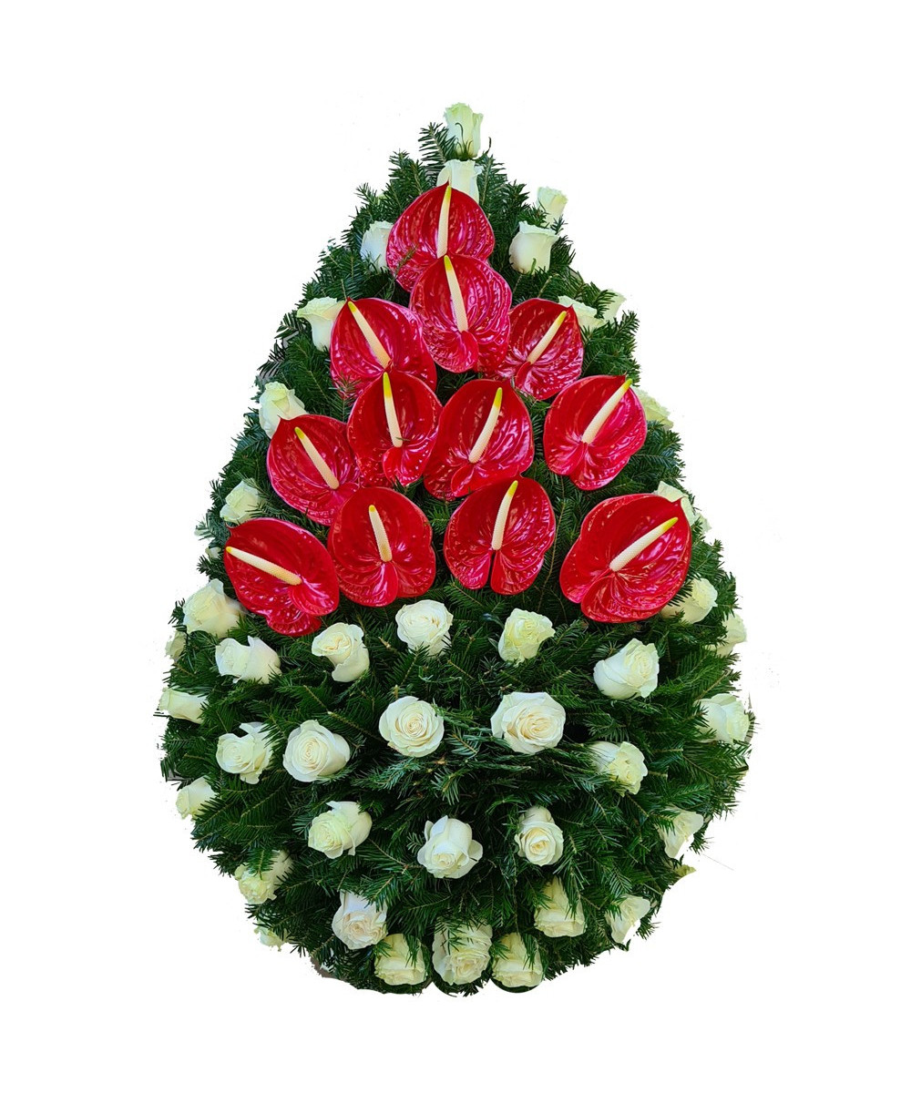 Coroana Funerara Trandafiri albi si Anthurium