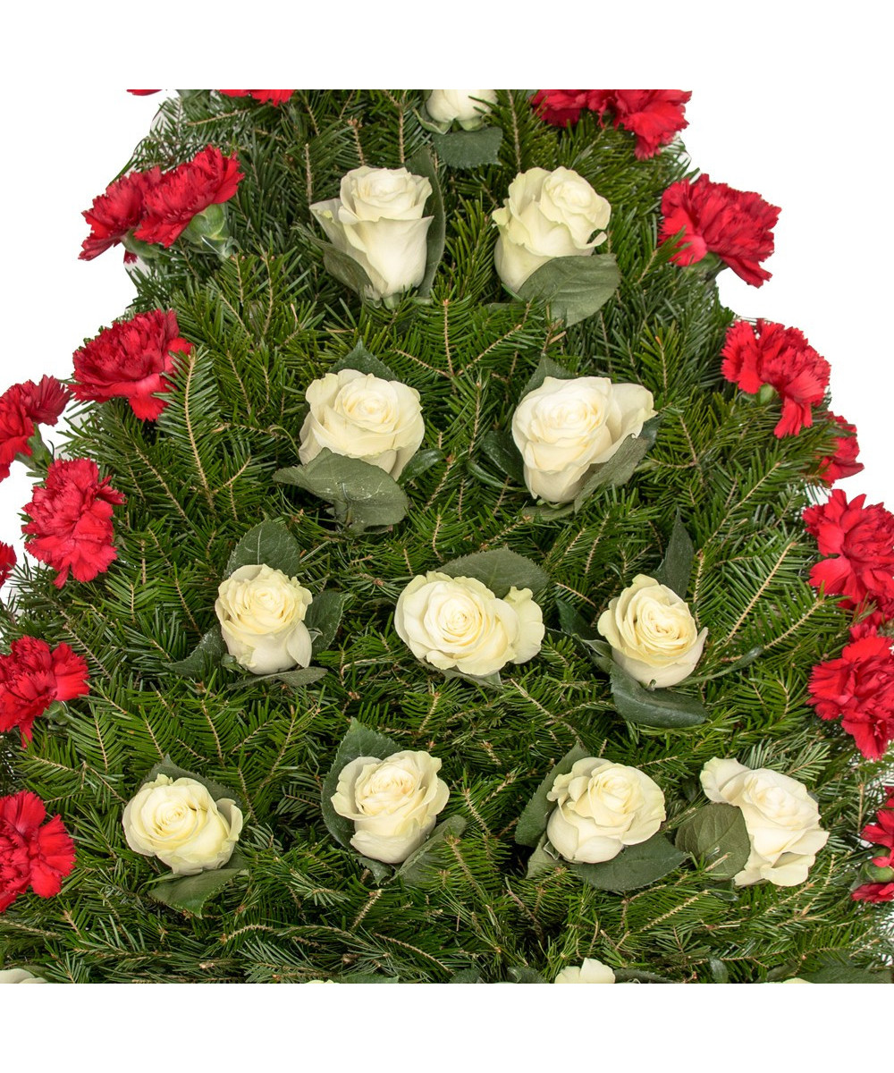 Coroana funerara Trandafiri albi si varf Garoafe