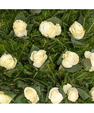 Coroana funerara Trandafiri albi si varf Garoafe